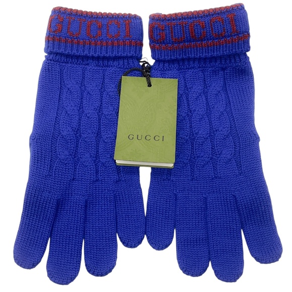 GUCCI BLUE 2022 LOGO WOOL KNIT AND LAMBSKIN LEATHER KELSO GLOVES - Picture 1 of 9
